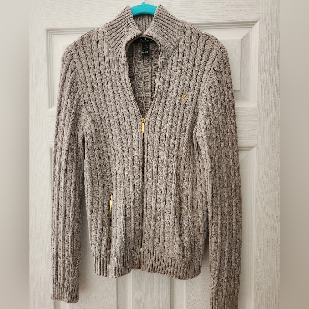 Women's Grey Cable Knit Sweater with gold zippers